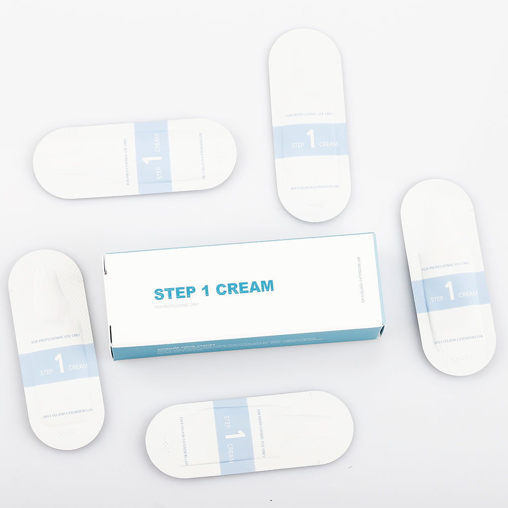Step 1 Cream box with single use sachets, the lifting step in the Just The Strip lash lift and brow lamination kit