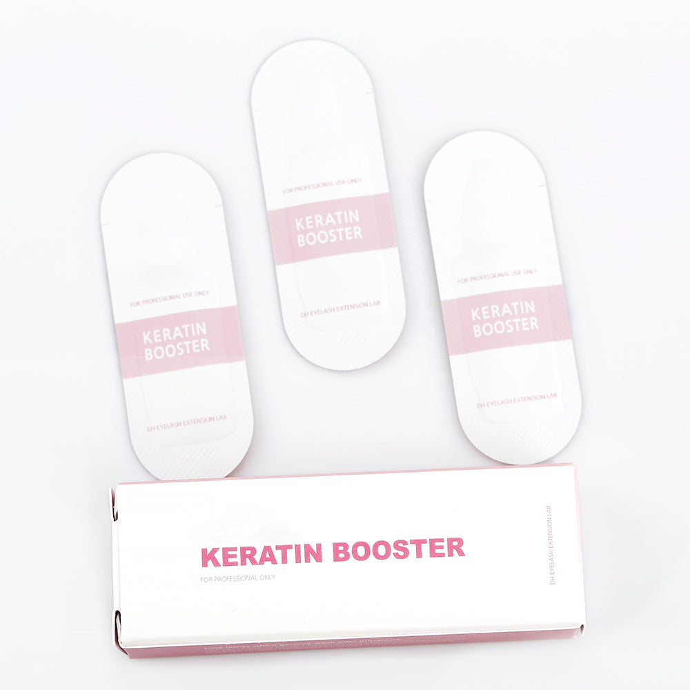 Keratin Booster box with three single use sachets from the Just The Strip lash lift and brow lamination kit