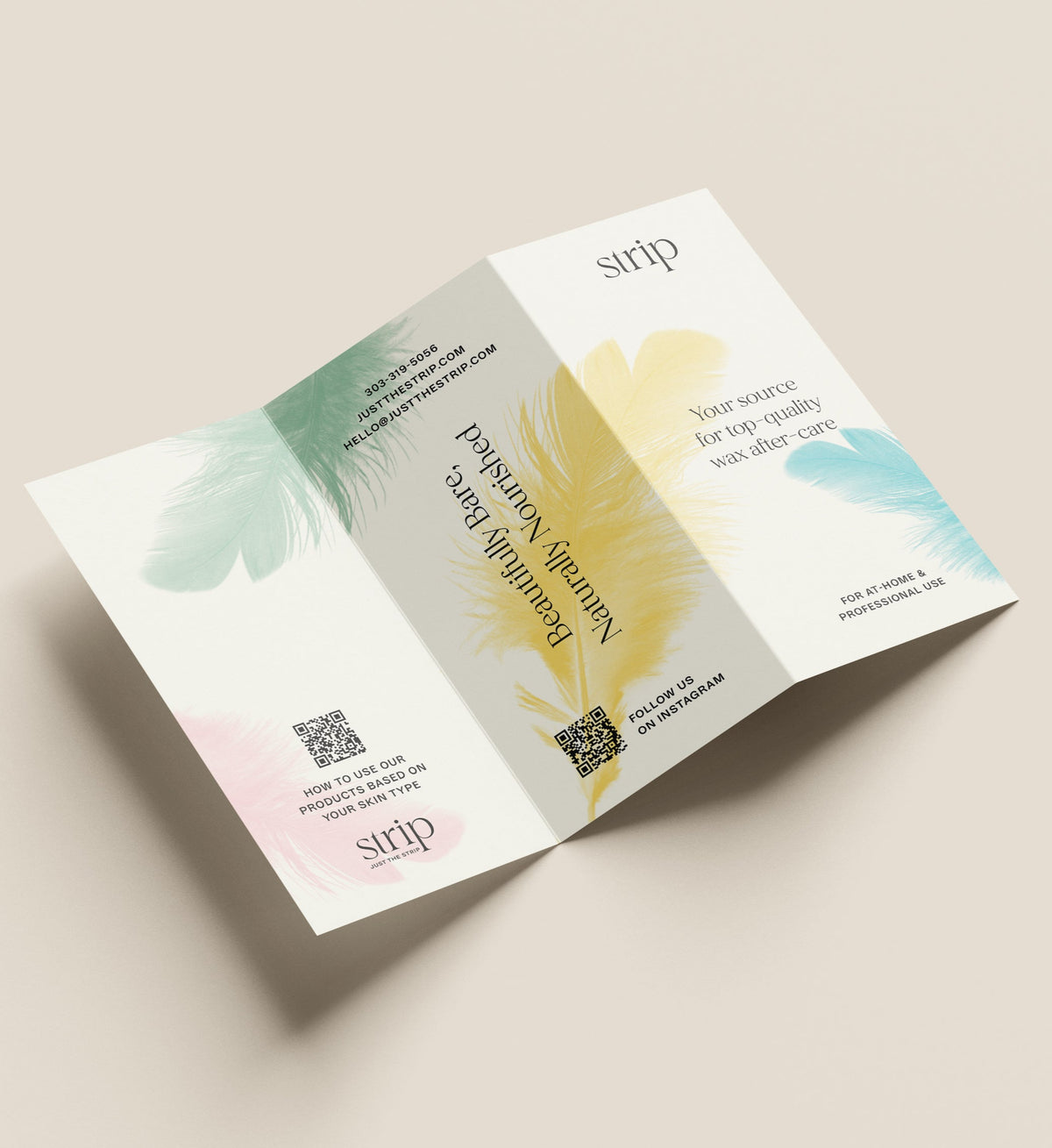 Outside of the Just The Strip trifold brochure with feathers and QR codes