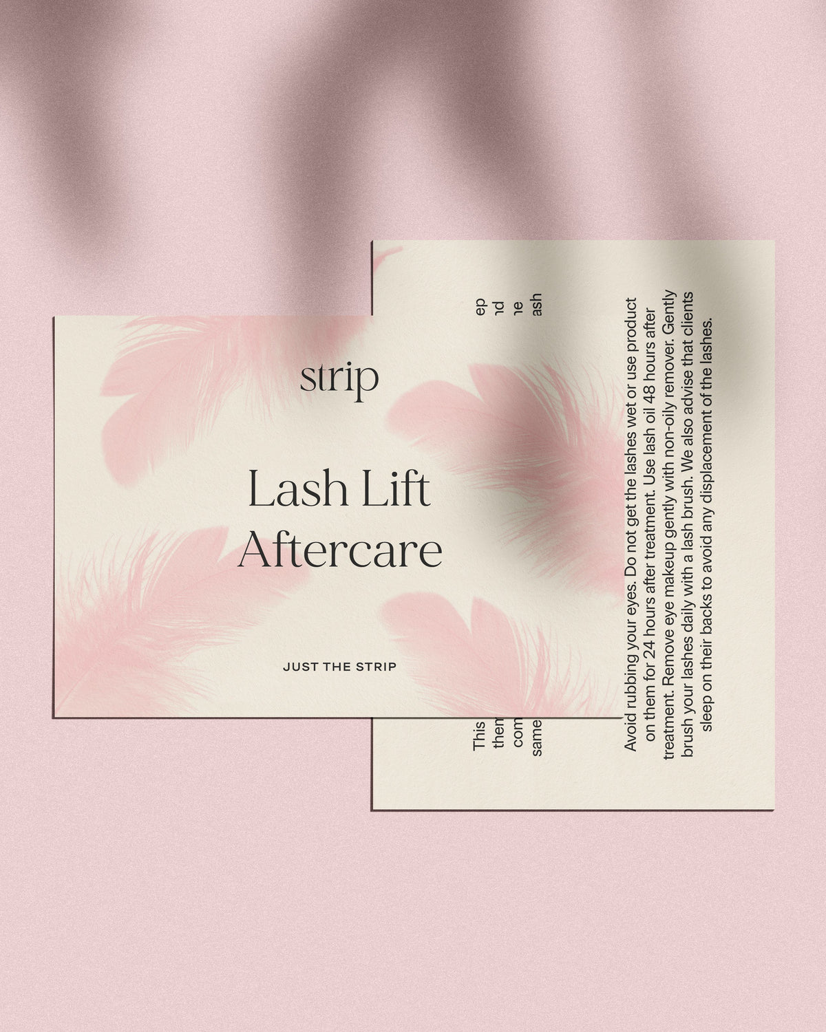 Just The Strip Lash Lift Aftercare card with pink feathers, front and back