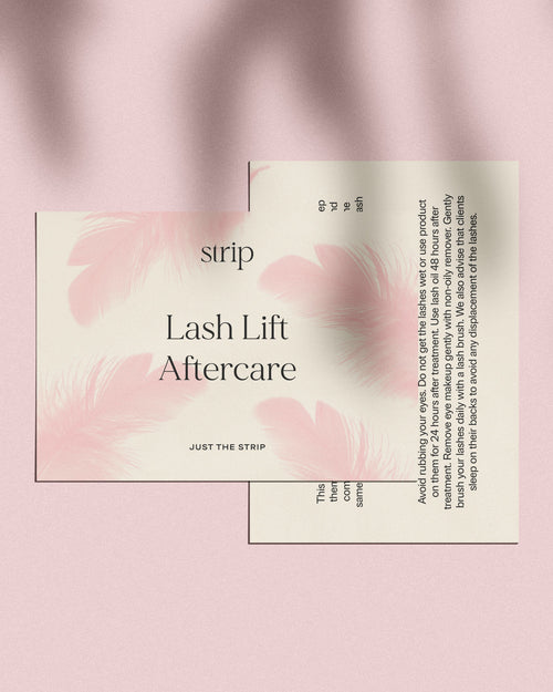 Just The Strip Lash Lift Aftercare card with pink feathers, front and back