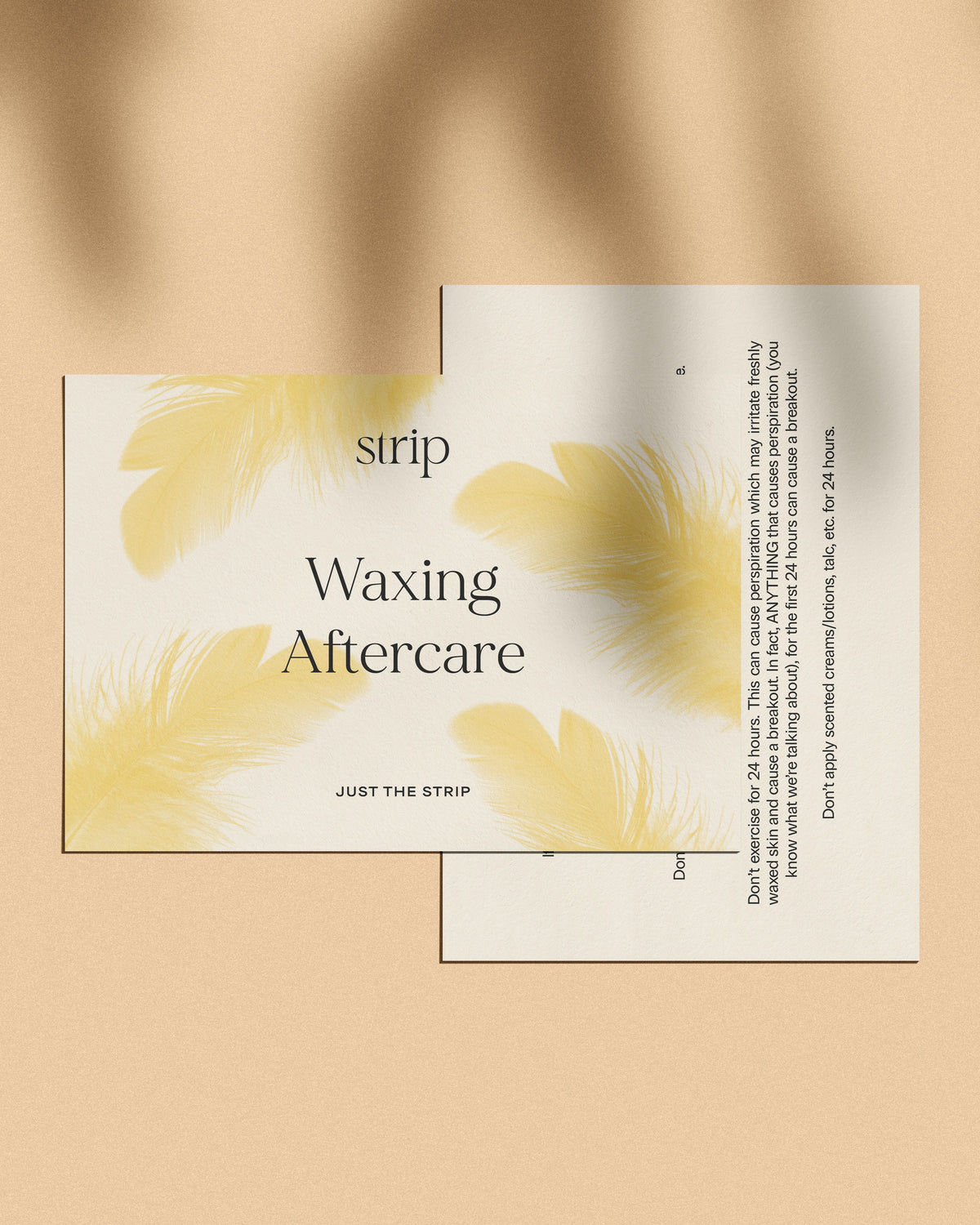 Just The Strip Waxing Aftercare card with yellow feathers, front and back